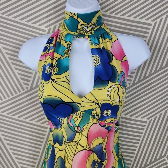 Vtg Bisou Bisou Halter Top Large Floral Print Stretchy Tunic Sexy Keyhole Yellow - Picture 3 of 5